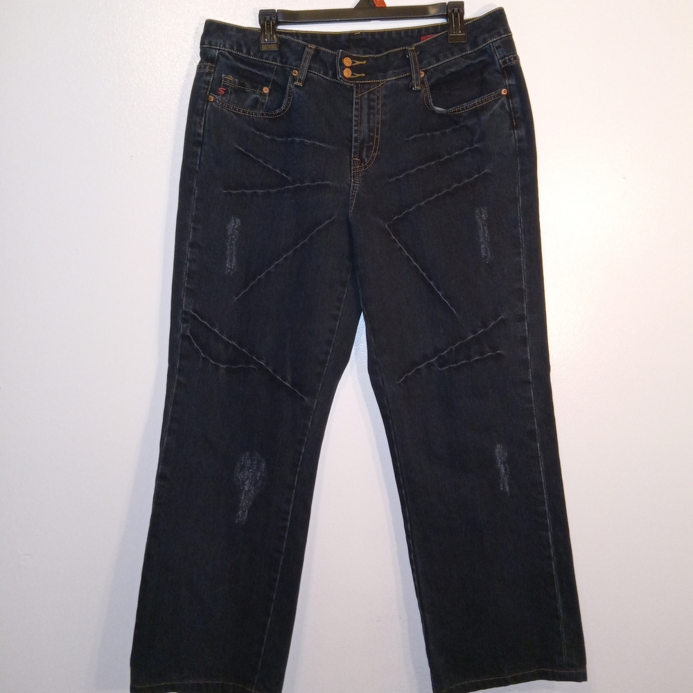 Seven7 Women's Straight Leg Distressed Dark Wash Jeans